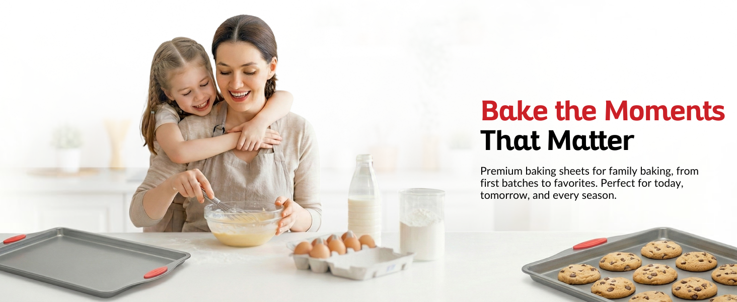 Mom and child whisk batter together with baking sheets ready for cookies