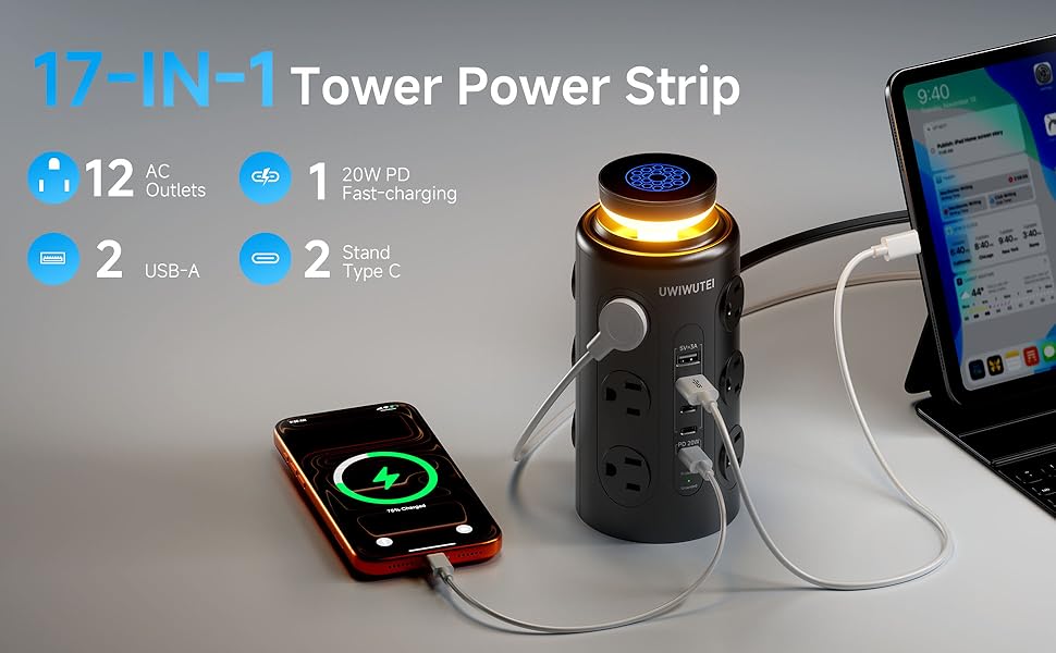 Tower Power Strip with 1 Dedicated PD 20W Fast-Charging Port