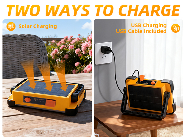 Solar panel and USB wall charging two ways to recharge portable LED work light