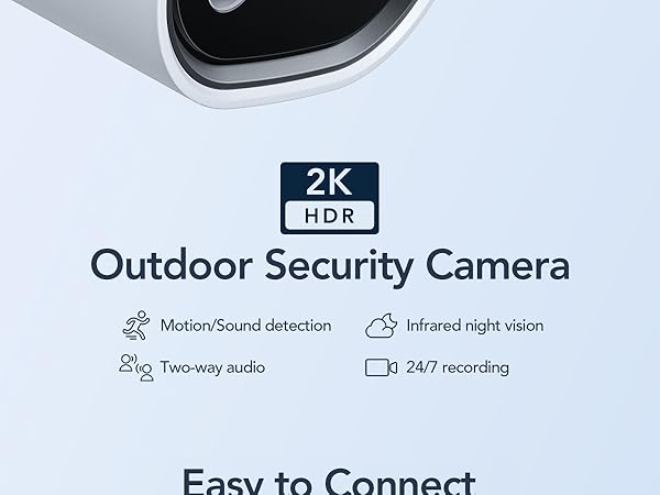 Outdoor security camera with 2K HDR resolution, featuring motion/sound detection, infrared night vision, two-way audio, and 24/7 recording capabilities.