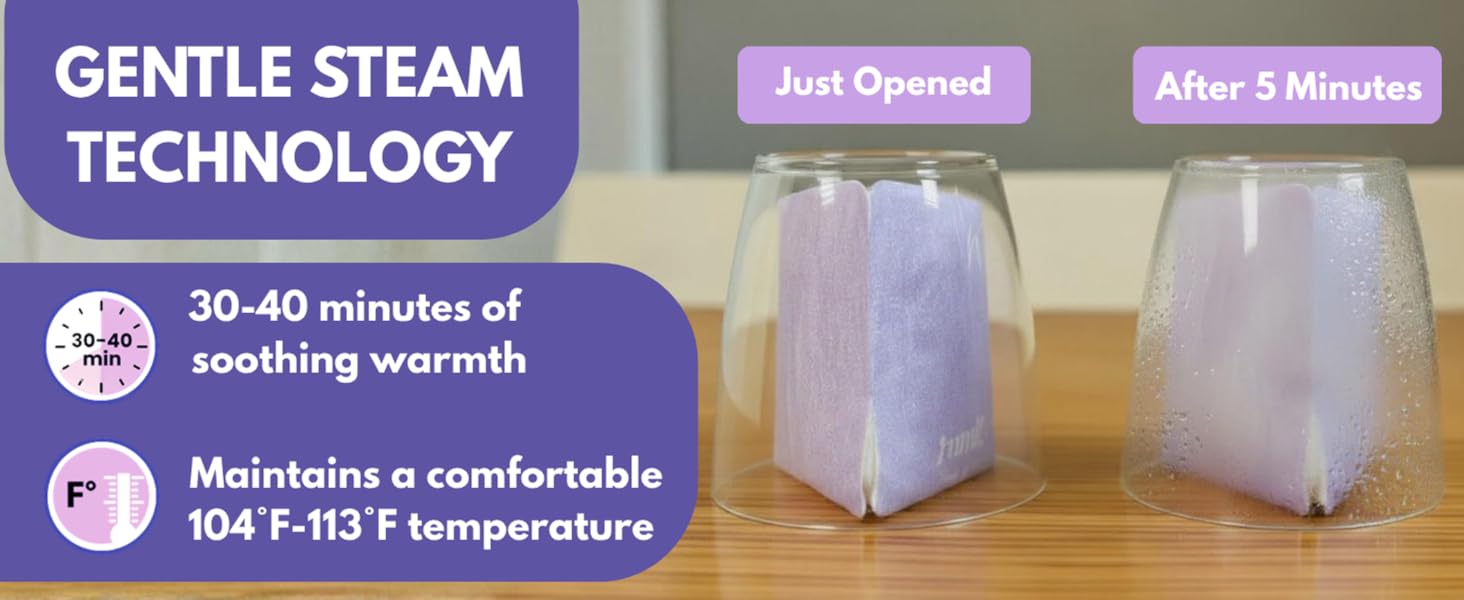 Steam technology demonstration showing glass fogging up over a warm self-heating eye mask.