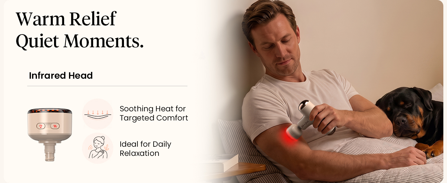 Man relaxes with his dog while using the illuminated infrared head on his upper arm.