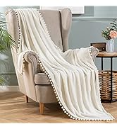 MIULEE Fleece Blanket with Pompom Fringe, Soft Cozy Lightweight Flannel Bed Blanket Fuzzy Plush W...