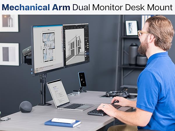 Pneumatic Arm Dual Monitor Desk Mount