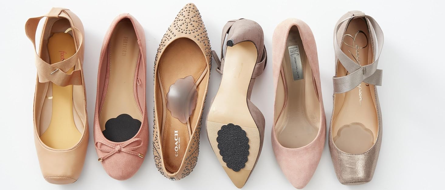 Foot Petals shoe cushion inserts in ballet shoes, flats, high heels, and pumps for all day comfort.