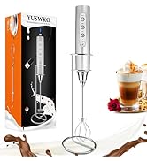 YUSWKO Silver Rechargeable Milk Frother for Coffee with Stand, Handheld Drink Mixer with 3 Heads ...