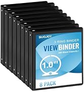 SUQJOY 1-inch 3-Ring Binder, 1" Round Ring Binder with 2 Inside Pockets, 8 Pack Black Binders, Cl...