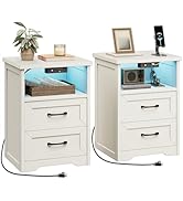 AODK Farmhouse Nightstand Set of 2, Bedside Tables with Charging Station &amp; LED Lights, End Tables...