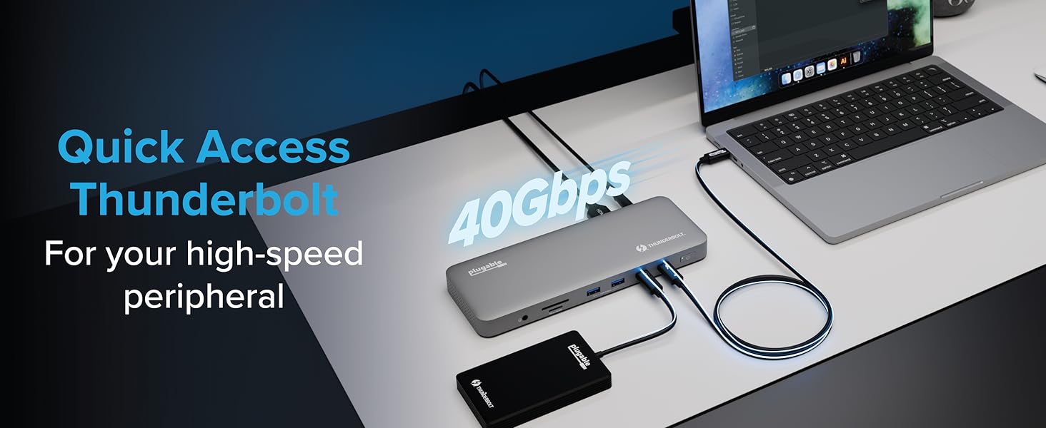 Laptop and external SSD connected to a plugable docking station with “40 Gbps” text overlay