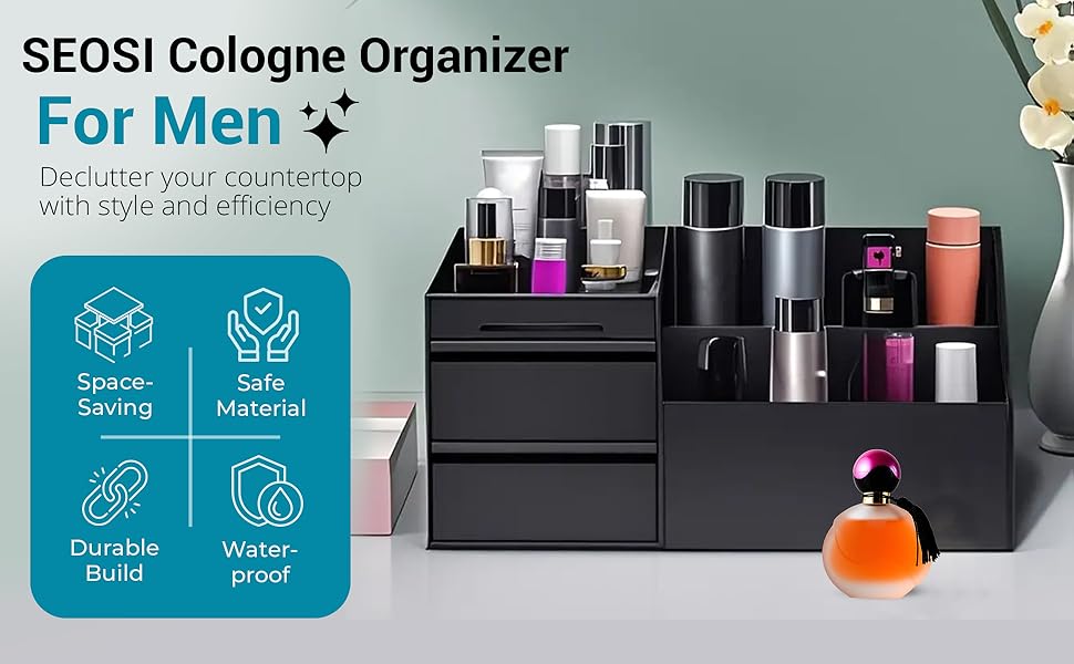 Table stand for display with men’s bedroom essentials and bathroom organizer set