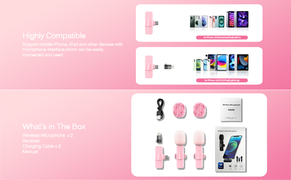 PINK Wireless Lavalier Lapel Microphone 