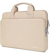 Beige laptop sleeve case with dual carrying handles and zipper closure, shown against white background.