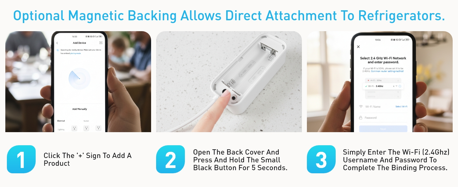 Text reads 'Optional Magnetic Backing Allows Direct Attachment To Refrigerators.' Step-by-step installation guide showing magnetic mounting process.