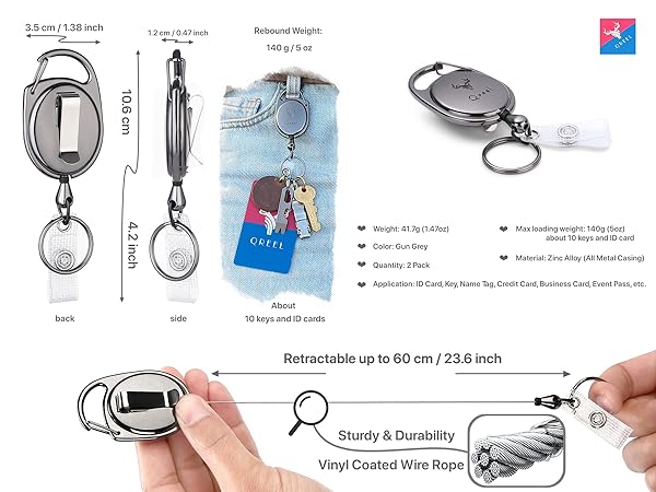 Metal Heavy-duty Retractable Badge Holder Reels with Carabiner &amp; Belt Clip &amp; Key Ring