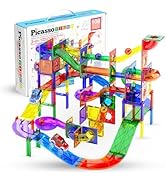 PicassoTiles 108pc Magnetic Marble Run Set with Building Tiles Race Track Car Slides Set STEM Lea...