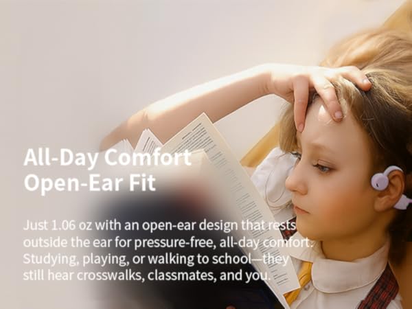 Open-ear, non-in-ear design rests outside the ear for pressure-free all-day comfort.