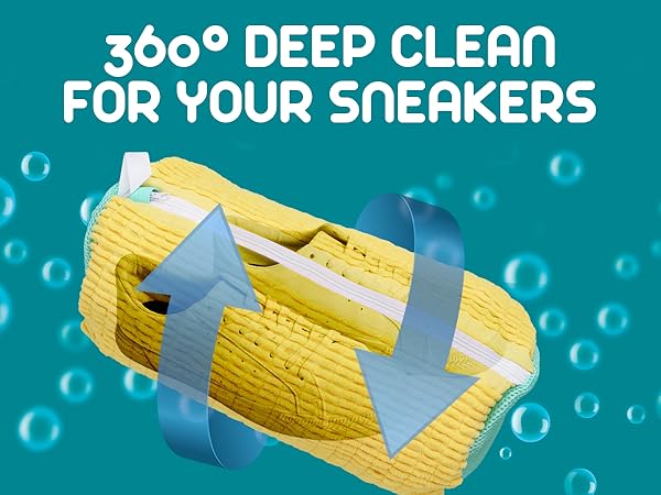 Text reads '360° DEEP CLEAN' and 'FOR YOUR SNEAKERS'. Marketing image showing yellow cleaning sponge with blue arrows indicating rotation.