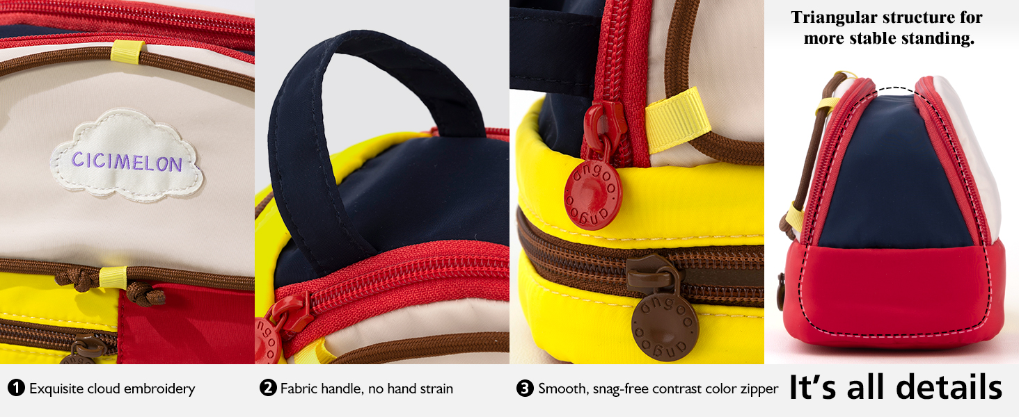 pencil case with multi details, such as: handle, smooth zipper, stable standing design
