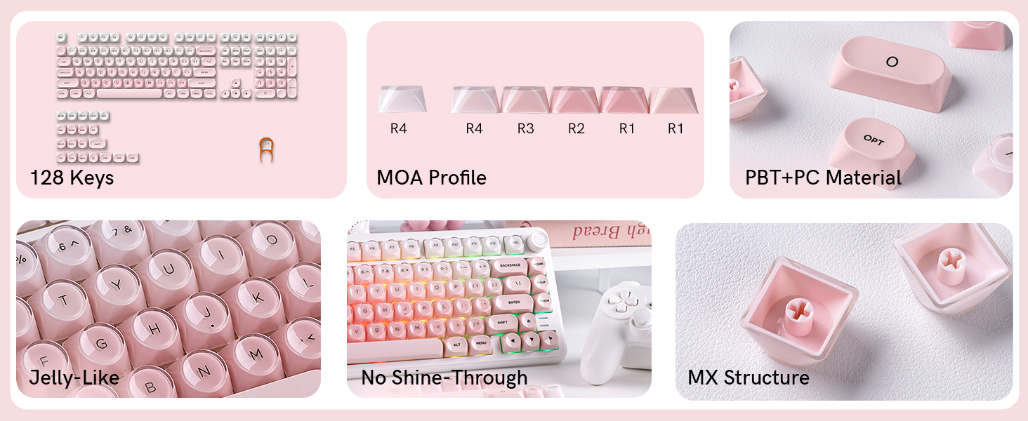 jelly-like transparent top, PBT+PC material, 129-key pink keycaps set, MOA profile