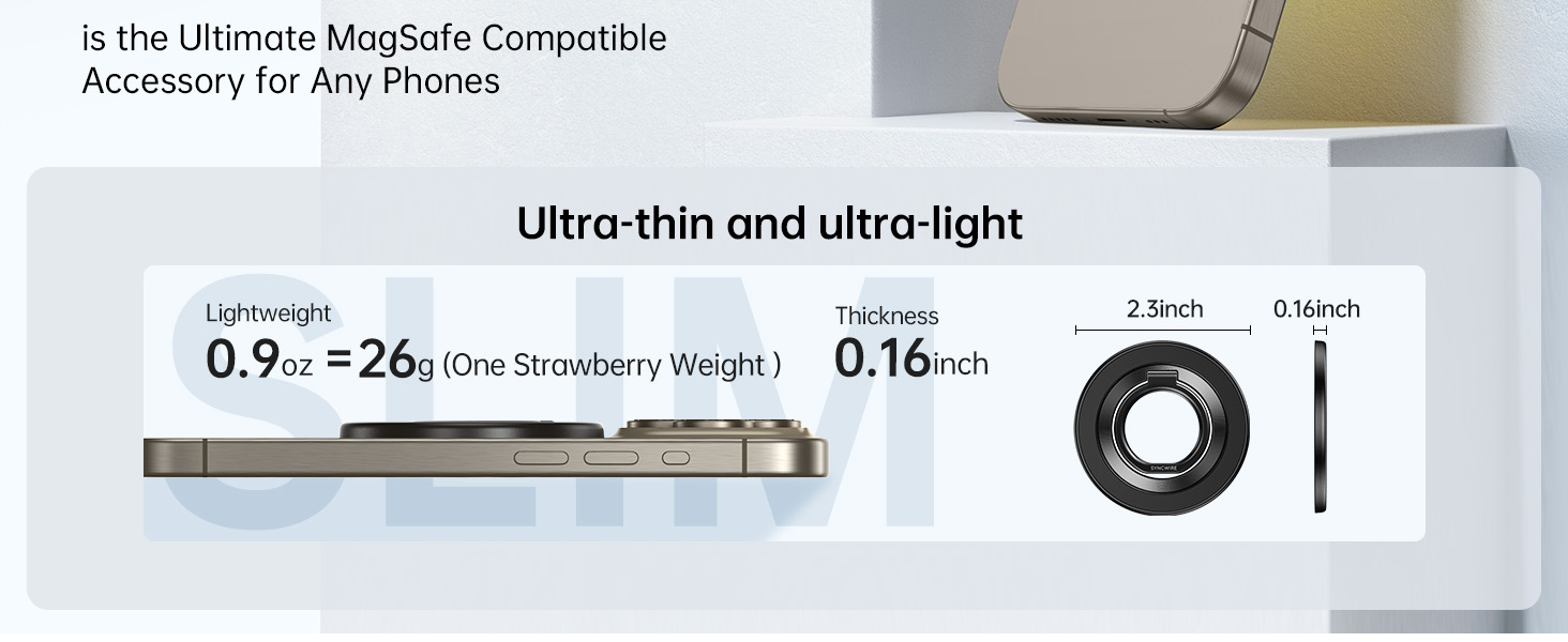 Product specifications showing ultra-thin and ultra-light dimensions, comparing thickness to a strawberry wafer and weight to a coin.