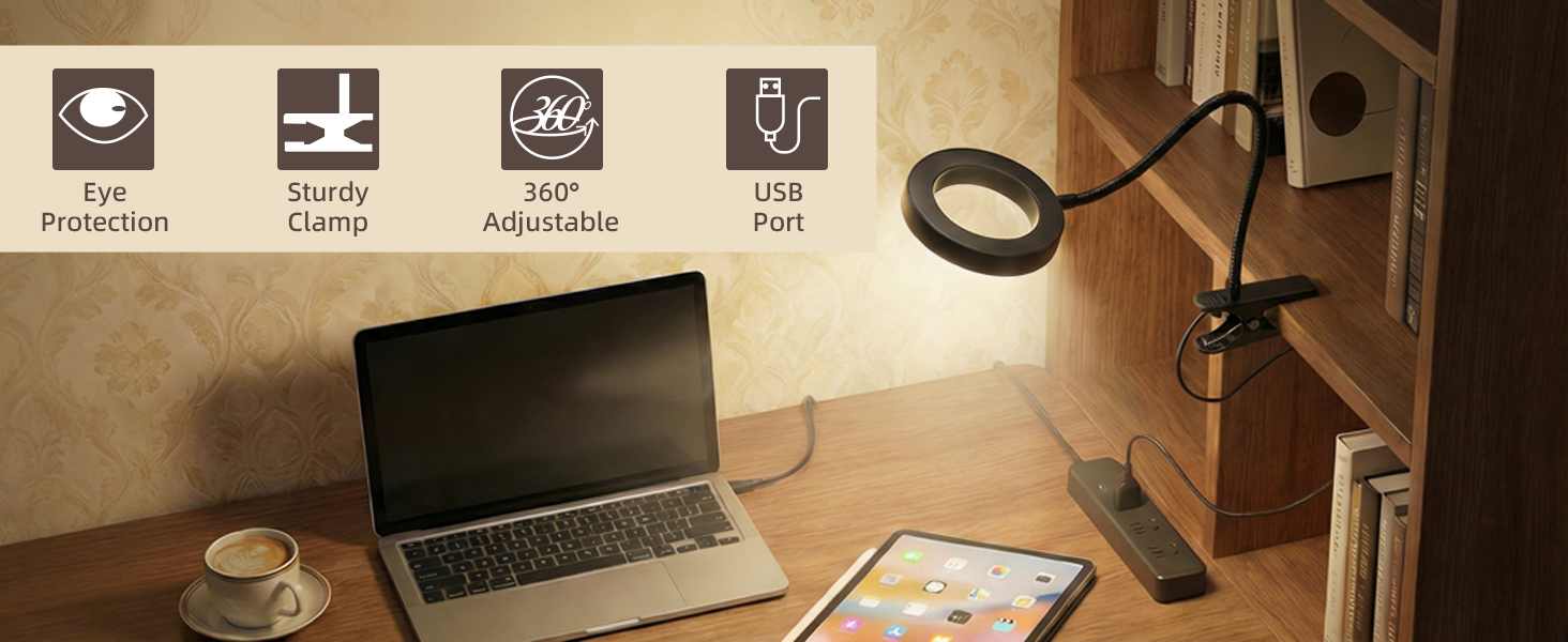 USB Clip on Light for Bed Headboard Flexible Reading Lamp Clamp Desk Lamp for Dorm Home Office