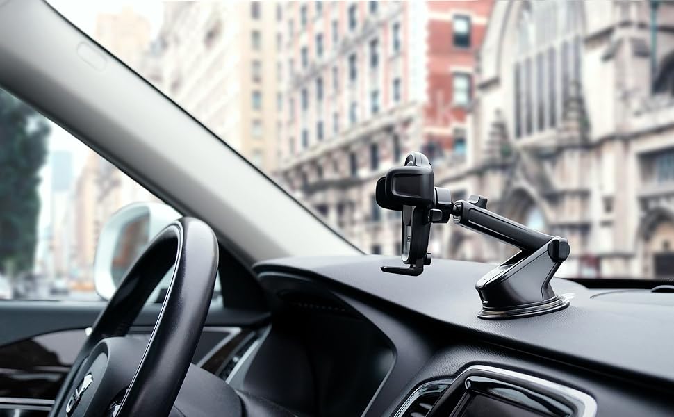 Easy One Touch 5 car mount attached to the dashboard of a vehicle for a secure hold