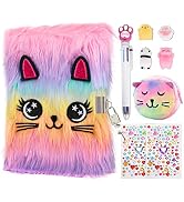 Rainbow-colored furry notebook with cat face design, accompanied by matching pen, stickers, and small plush accessories in pink and pastel colors.