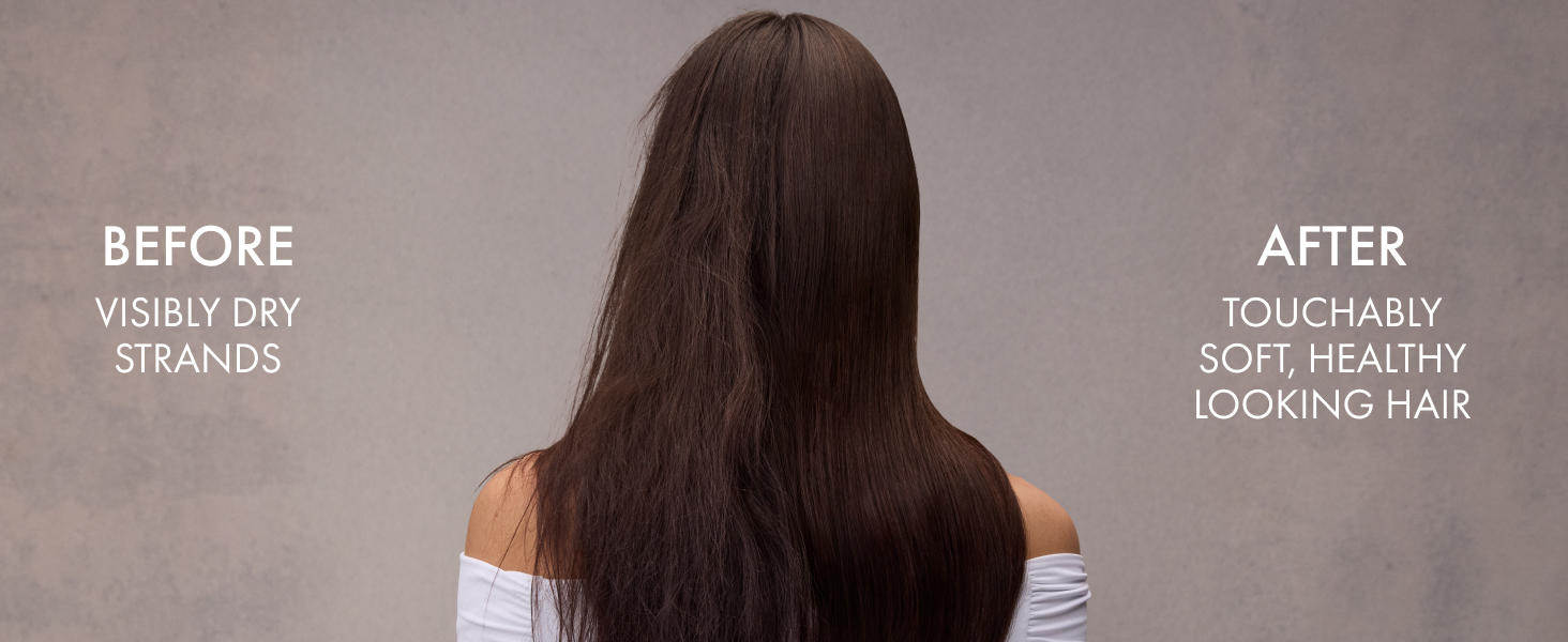 Woman shown from behind with her straight hair split to compare before and after shampoo results.