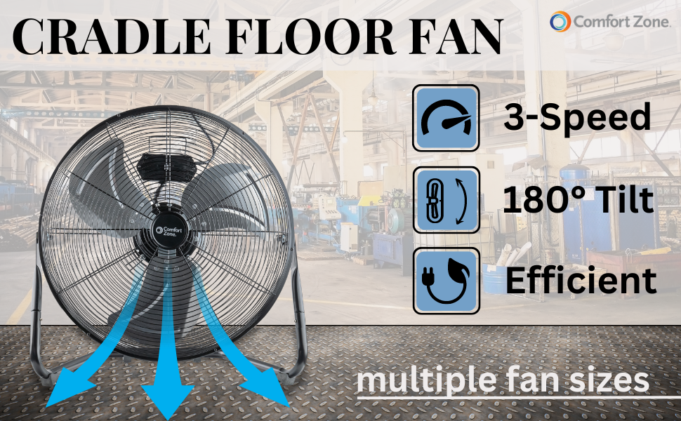 comfort zone portable multiple size cradle floor fan 3-speed