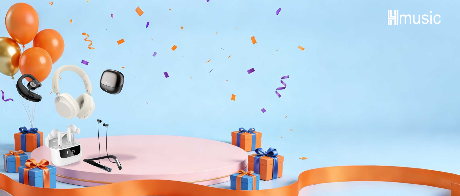 Animated-style promotional banner with floating gift boxes, musical notes, and curved design elements against light blue background. Dynamic marketing visual.