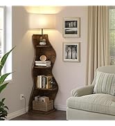 Evermagin 4 Tier Corner Shelf with Light, 64'' Tall Corner Bookshelf with Unique Shape, Stylish W...