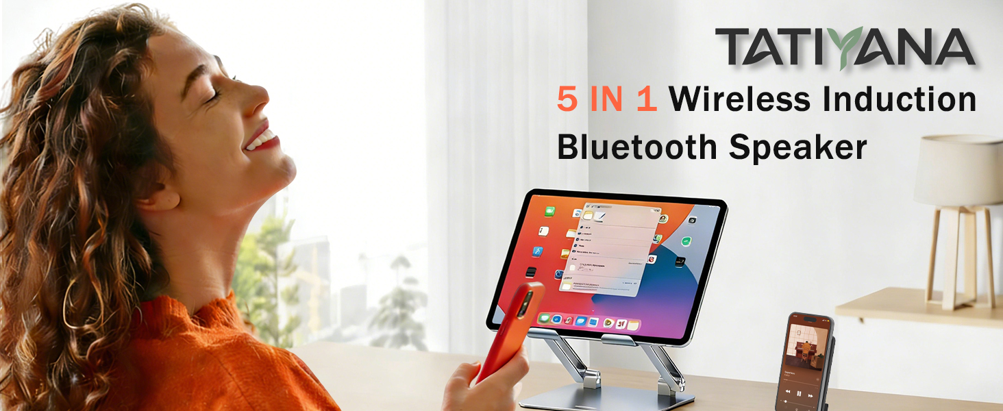 Wireless induction speaker with bluetooth 5.3 phone stand, 3000mAh battery and RGB light for desk.