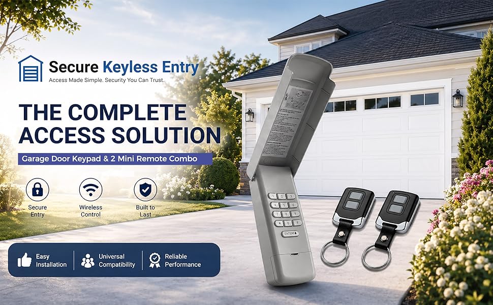 Complete garage access kit featuring 1 wireless keypad and 2 mini remotes for secure entry.