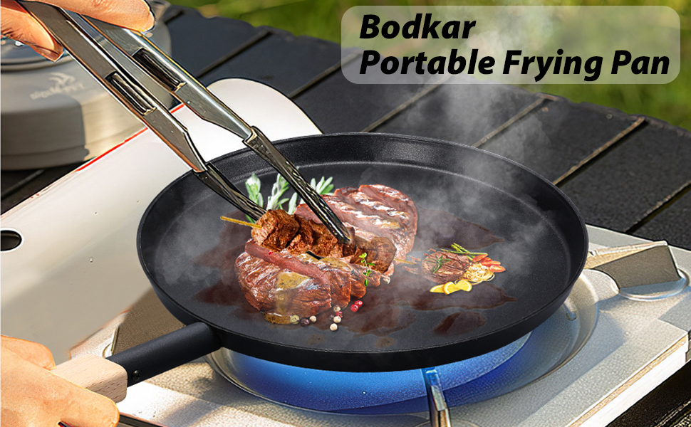 bodkar Frying Pan Skillet Pre-Seasoned 9-inch Flat Griddle Pan with Detachable Wood Handle