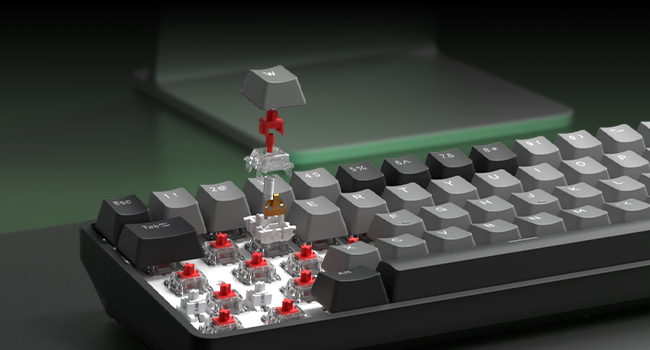 Close-up shots of mechanical keyboard keys with red accents or switches visible underneath the keycaps.