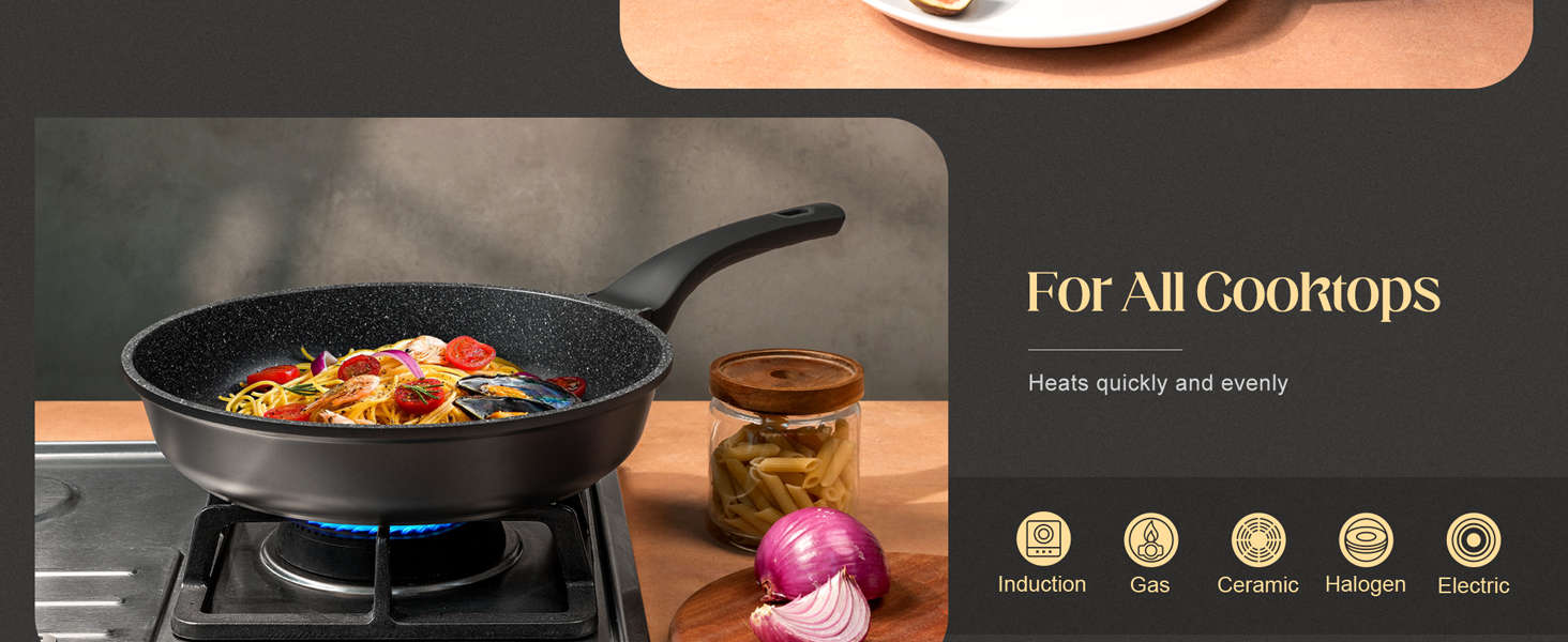 nonstick frying pan with silicone handle, ease of cleaning, works well on all cooktops, durable