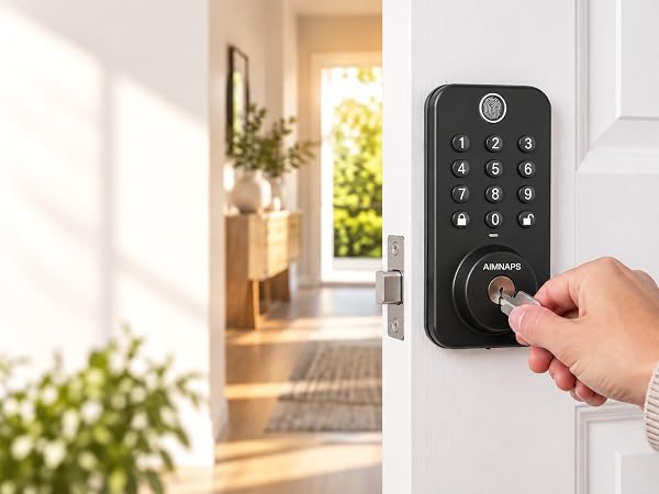 traditional key override exterior digital deadbolt with metal keyway