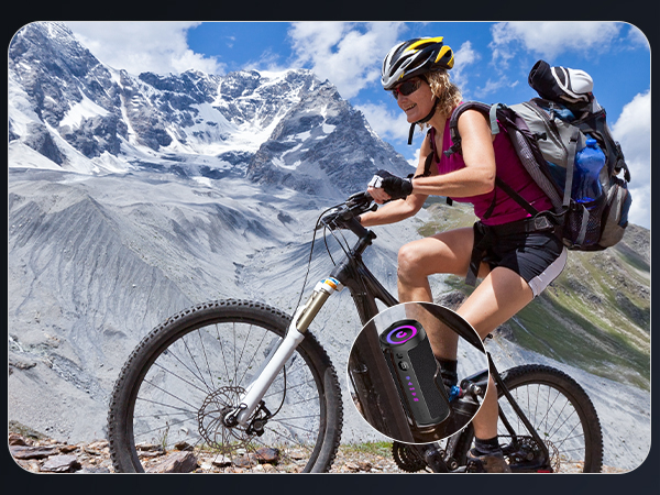 Series of action shots showing mountain biking on snowy alpine trails, with cyclists navigating rocky terrain against backdrop of snow-capped peaks.