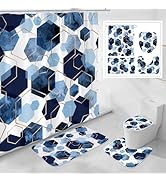 Litabel 4 Pcs Navy Blue Modern Geometric Shower Curtain Set with Non-Slip Rugs, Toilet Lid Cover ...