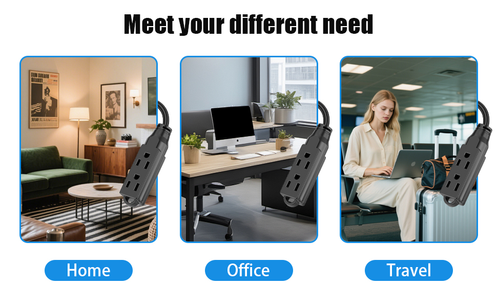 1 Ft Short Power Extension Cord, HICITY 3 Outlet Extension Cord, 3 Prong Grounded Wire