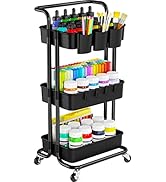 Pipishell 3 Tier Rolling Cart with Wheels - Metal Rolling Cart Organizer with 3 Hanging Cups &amp; 4 ...