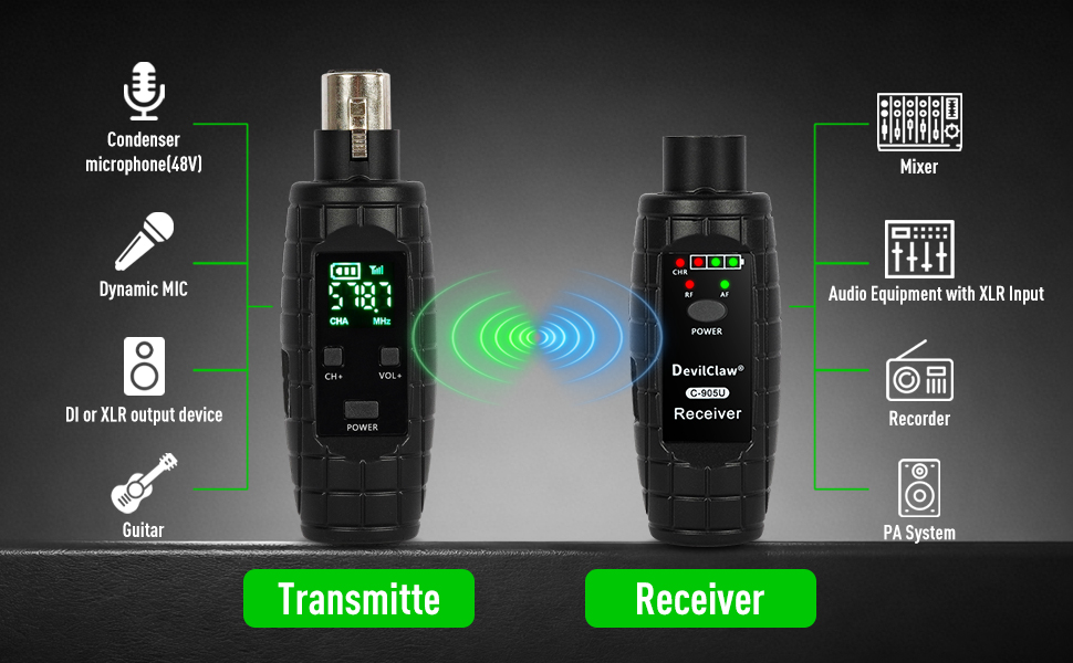Devilclaw UHF Wireless Microphone System,Transmitter and Receiver XLR Adapter for Dynamic Microphone