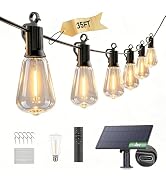 GUNABAY 35FT Solar String Lights with Remote, 15+1 LED ST38 Glass Edison Bulbs, IP65 Waterproof O...