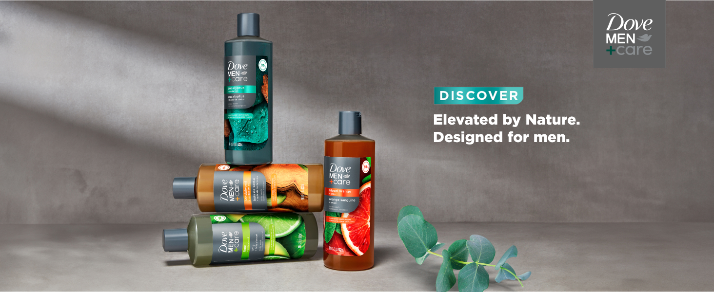 Four Dove Body Wash bottles stacked on dark grey background with piece of eucalyptus and text.