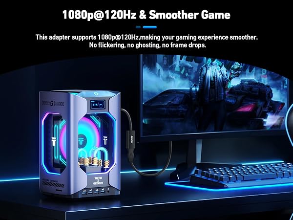 Text reads '1080p@120Hz &amp; Smoother Game'. Dark gaming-themed images with blue lighting effects and technical interface elements.