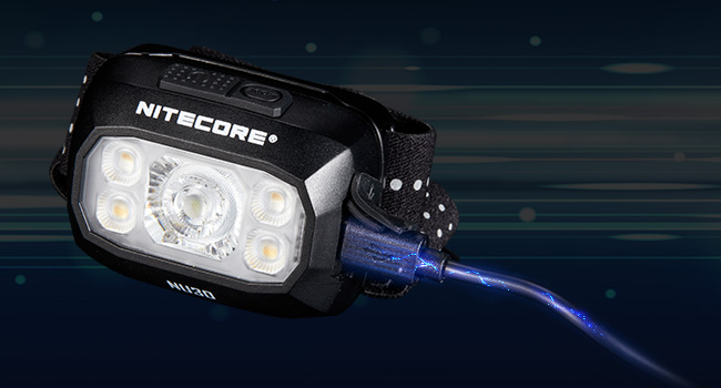 The NU30 being charged via it's USB-C port. Blue energy glows through the cable. 