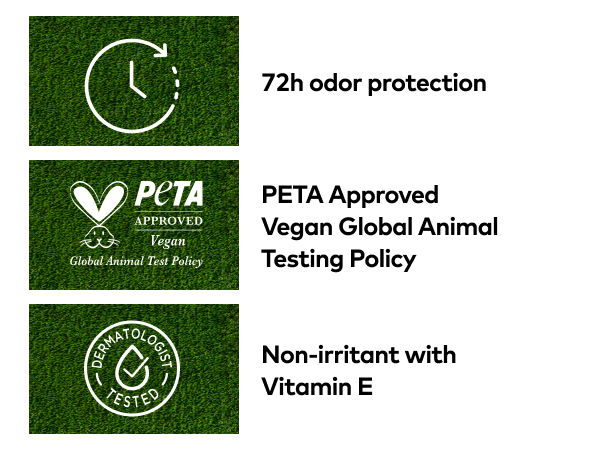 3 images: a clock with 72H odor protection, PETA Vegan Approved logo &amp; Dermatologist Tested logos