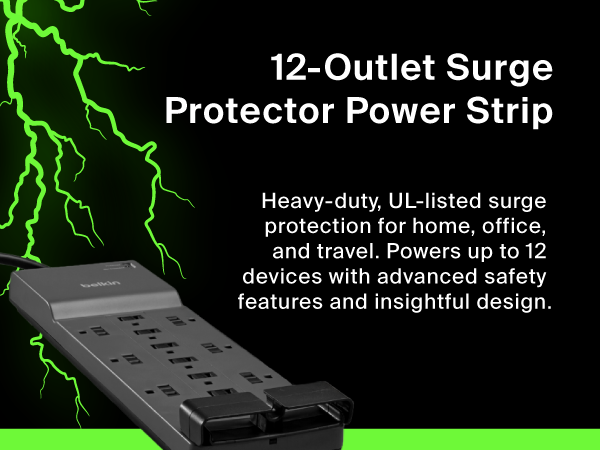  Image of belkin power strip with text reading 12 outlet surge protector power strip.