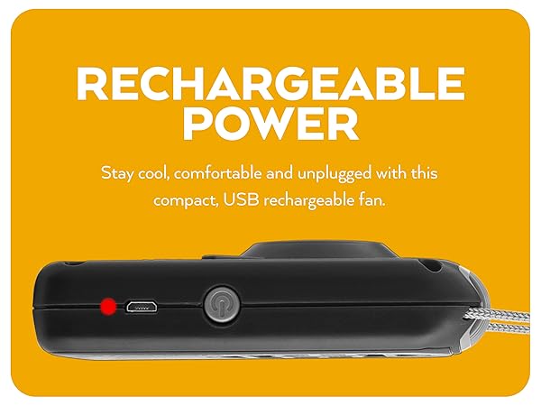 Black O2Cool Rechargeable Necklace Fan Side View on Yellow Background Rechargeable Power