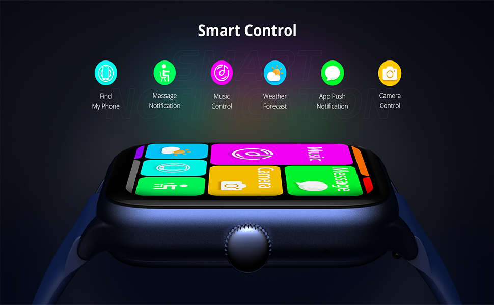 Smartwatch display showing colorful app icons for various functions including My Photos, Messages, Music, Weather, App Store, and Clock.